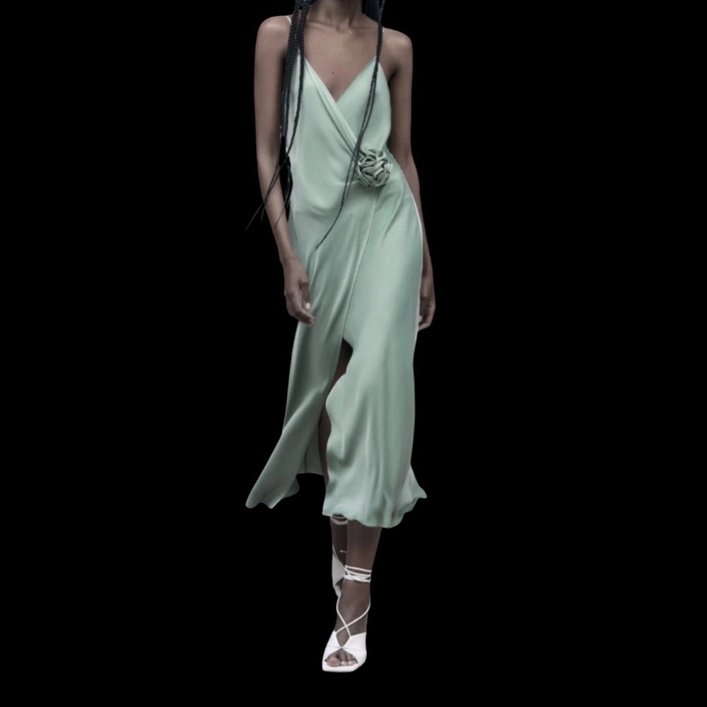 Zara Sage Green Satin Rosette Wrap Midi Dress Spaghetti Strap XS